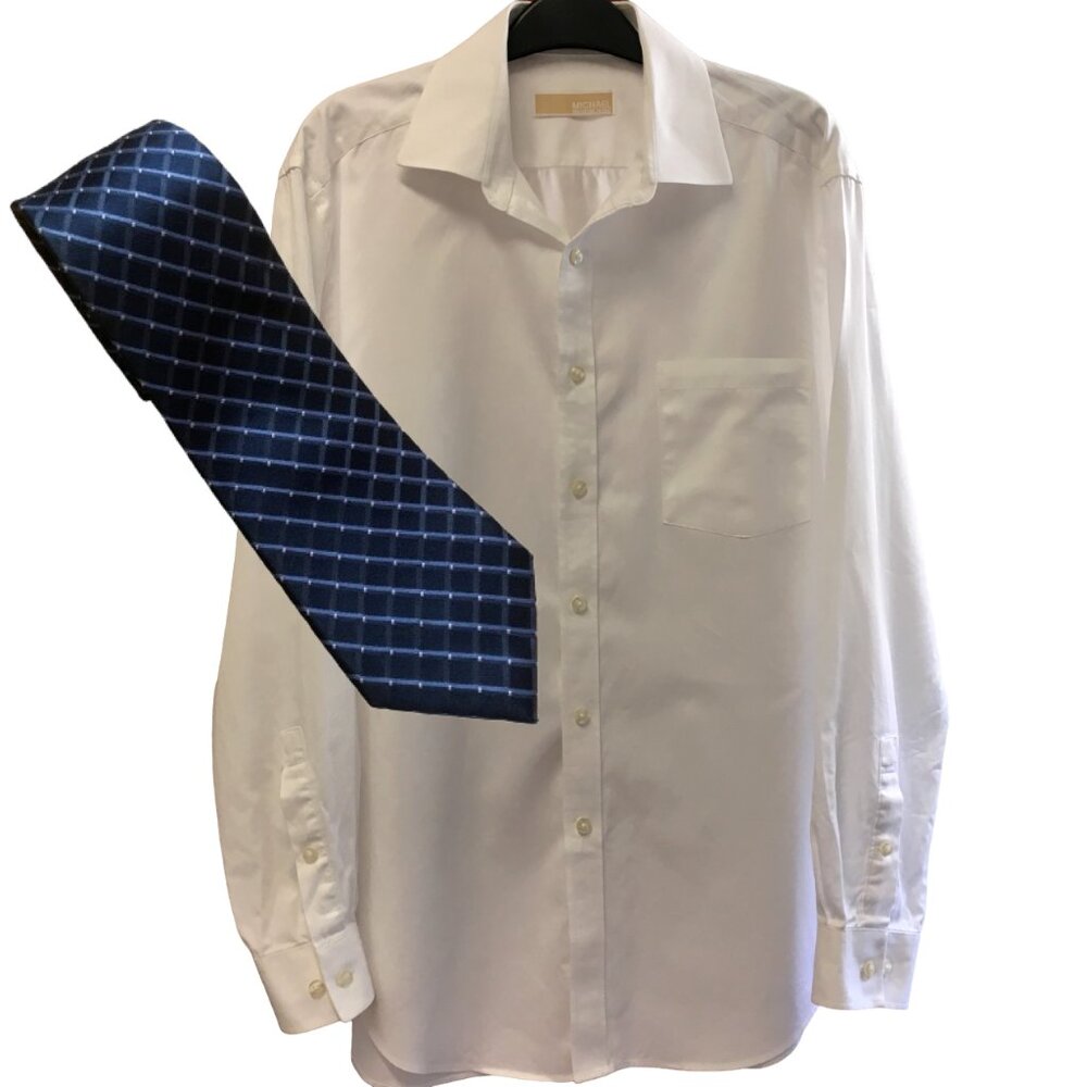 Michael Kors Classic White Button Down Dress Shirt with Silk Plaid Blue Tie